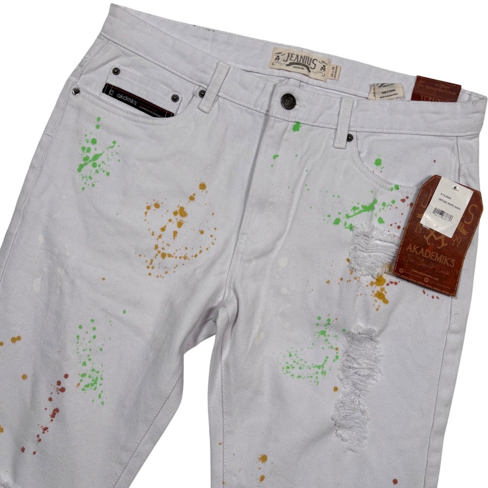 Akademiks Jeanius Jean Men 34x32 White Straight Paint Splatter Distressed Street